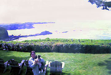 Webcam photo of Nava on the lawn at her new home on the ocean, with mom Laraine